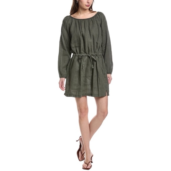 James Perse Gathered Linen Mini Dress Long Sleeve Green Lagenlook Spring Summer - Picture 1 of 12